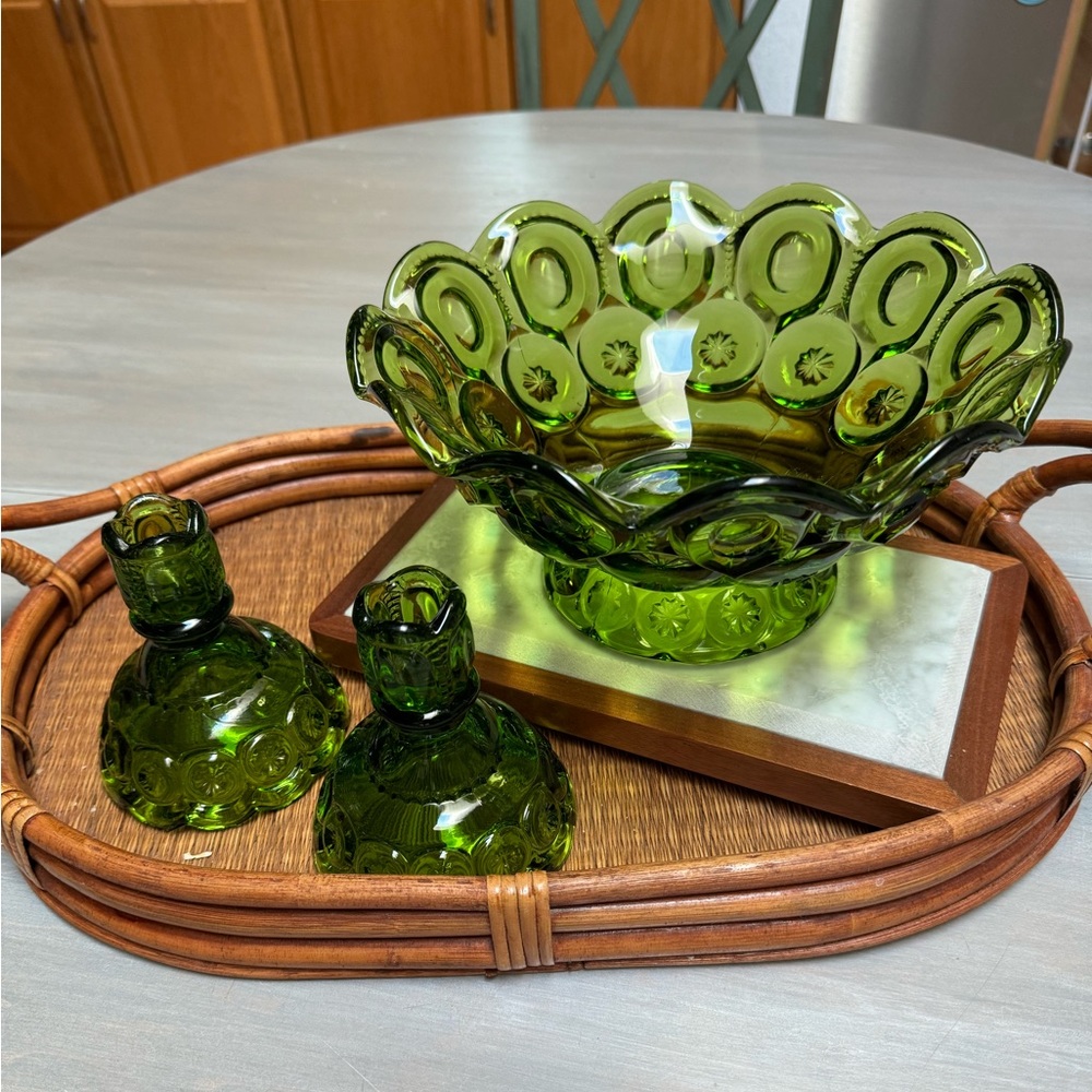 LE Smith Moon and Stars Green Glass Bowl and Candle Holders